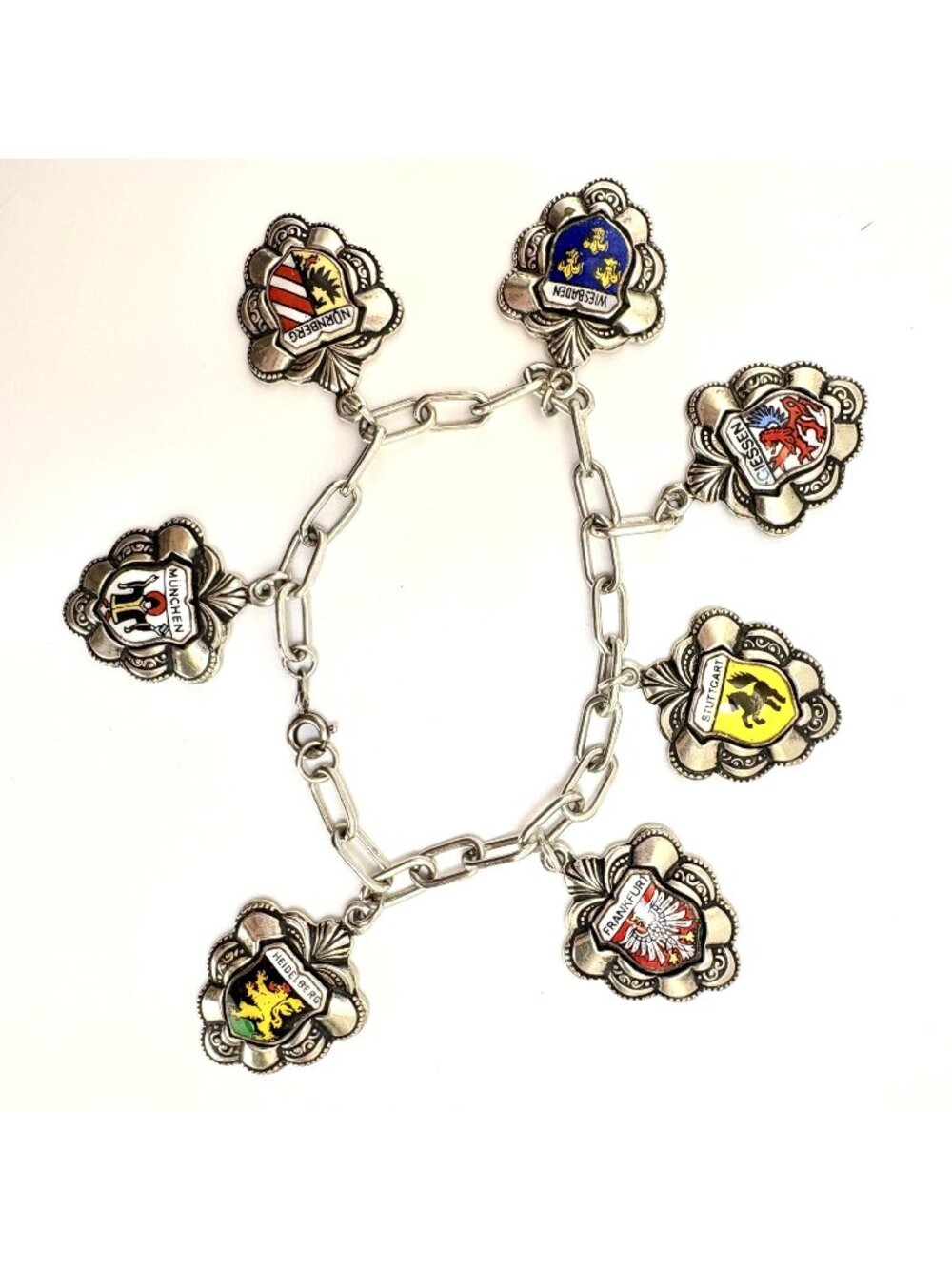 German Towns Sterling Silver 925 Travel Charm Bracelet Large Shields 7.25" L